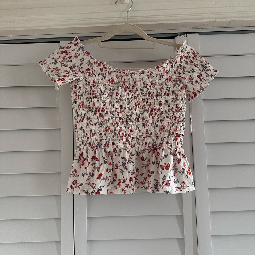 American Eagle Outfitters White Floral Smocked Off-Shoulder Crop Top